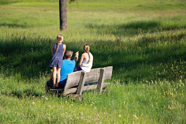 Vater mit Kindern auf Bank in Wiese